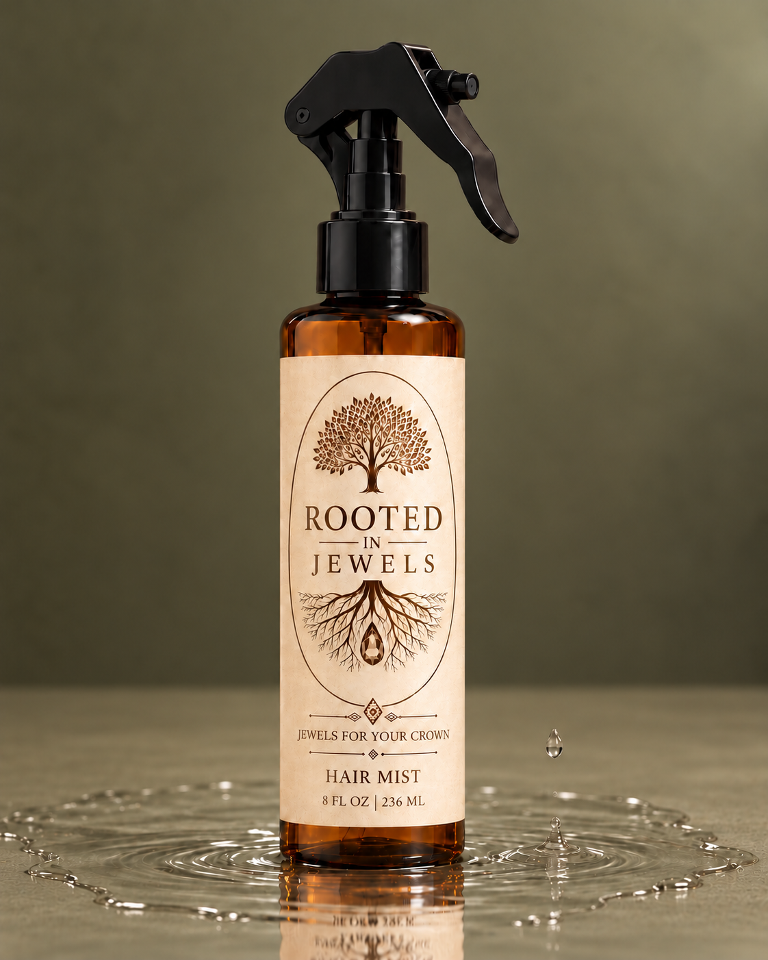 Rooted In Jewels Hair Mist on an olive ash gray-green background
